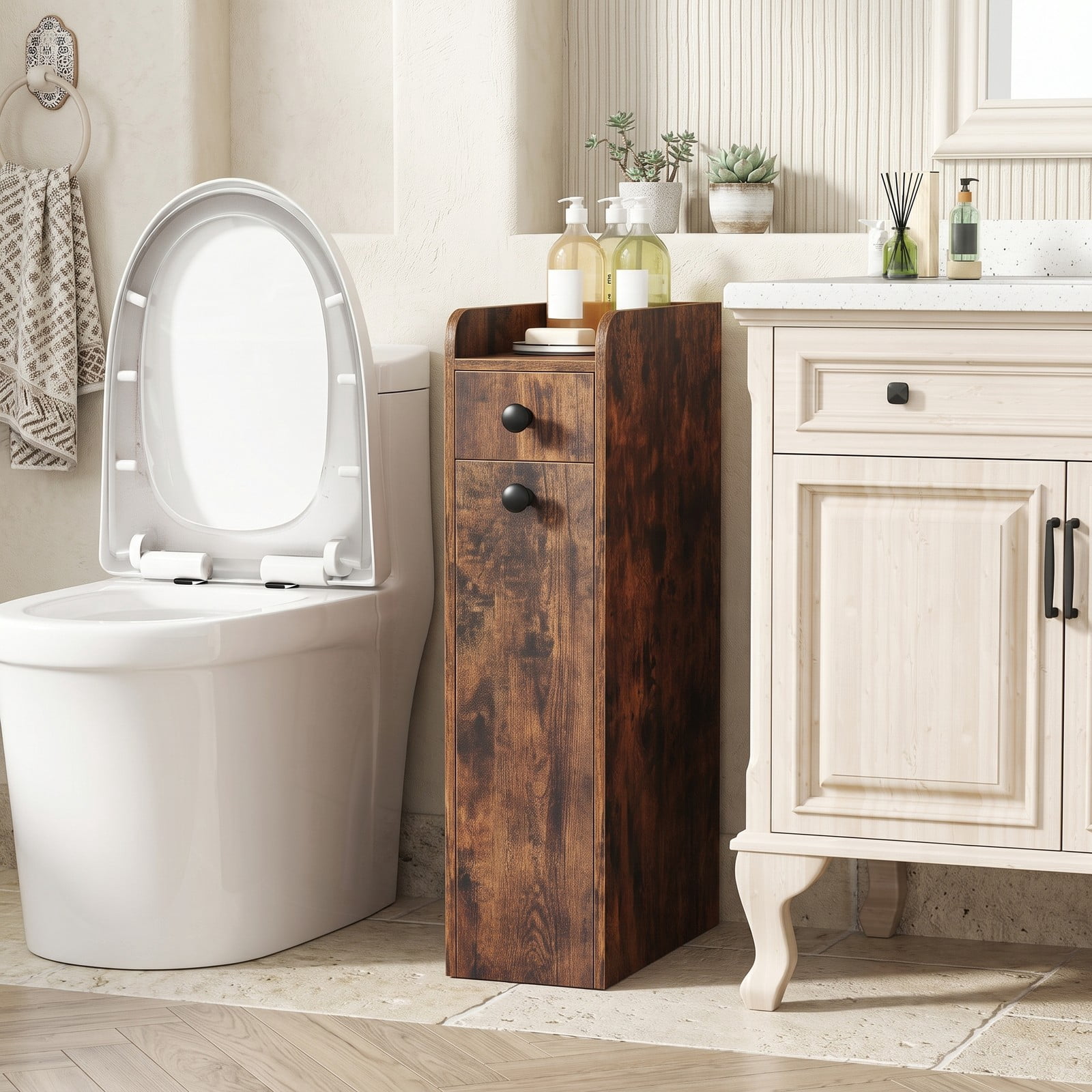 Fenbeli Small Bathroom Storage Cabinet, 4-Tier Narrow Slim Rolling Organizer with 3 Slide Out Drawers on Casters, Freestanding Storage Tower for Bathroom, Brown