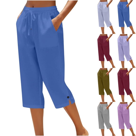 Cotton Linen Capri Pants for Women Elastic Waist Drawstring Buttoned Split Hem Cropped Trousers Loose Fit Casual Pants , #02 Royal Blue, S