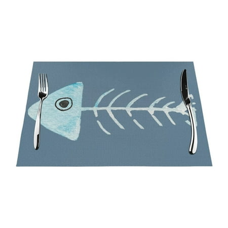 

YFYANG Washable Heat-Resistant Placemats 70% PVC/30% Polyester Hand-Painted Blue Fish Bones Kitchen Table Mat 12 x 18 4 Piece