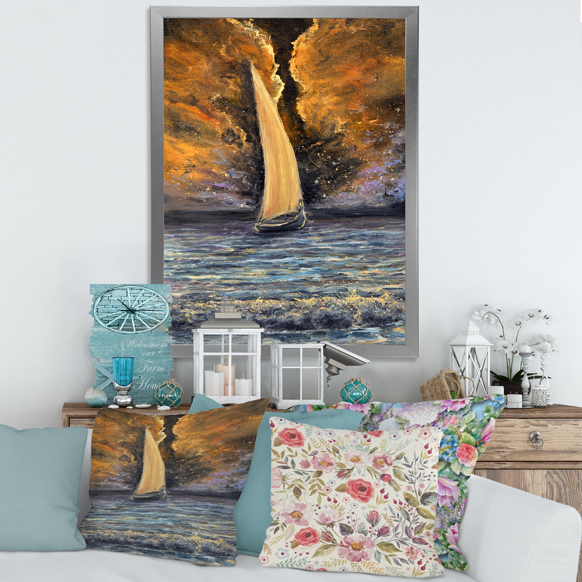 Designart 'Sailship On The Ocean At Morning' Nautical & Coastal Framed Art Print