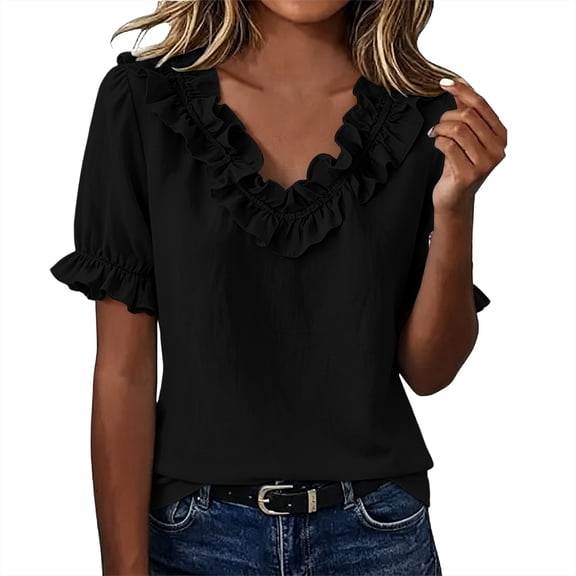 Yrmaups Loose Fit Short Sleeve T Shirt for Women, Casual V Neck Ruffle Blouse, Soft Stretch Everyday Tee for Beach Travel Office Daily Wear, Black XL