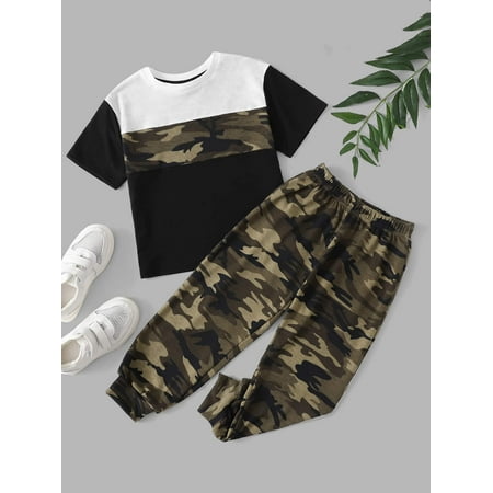 

Short Sleeve Toddler Boys Camo Panel Tops T Shirt And Joggers Set S221904X Multicolor 4Y(41IN)