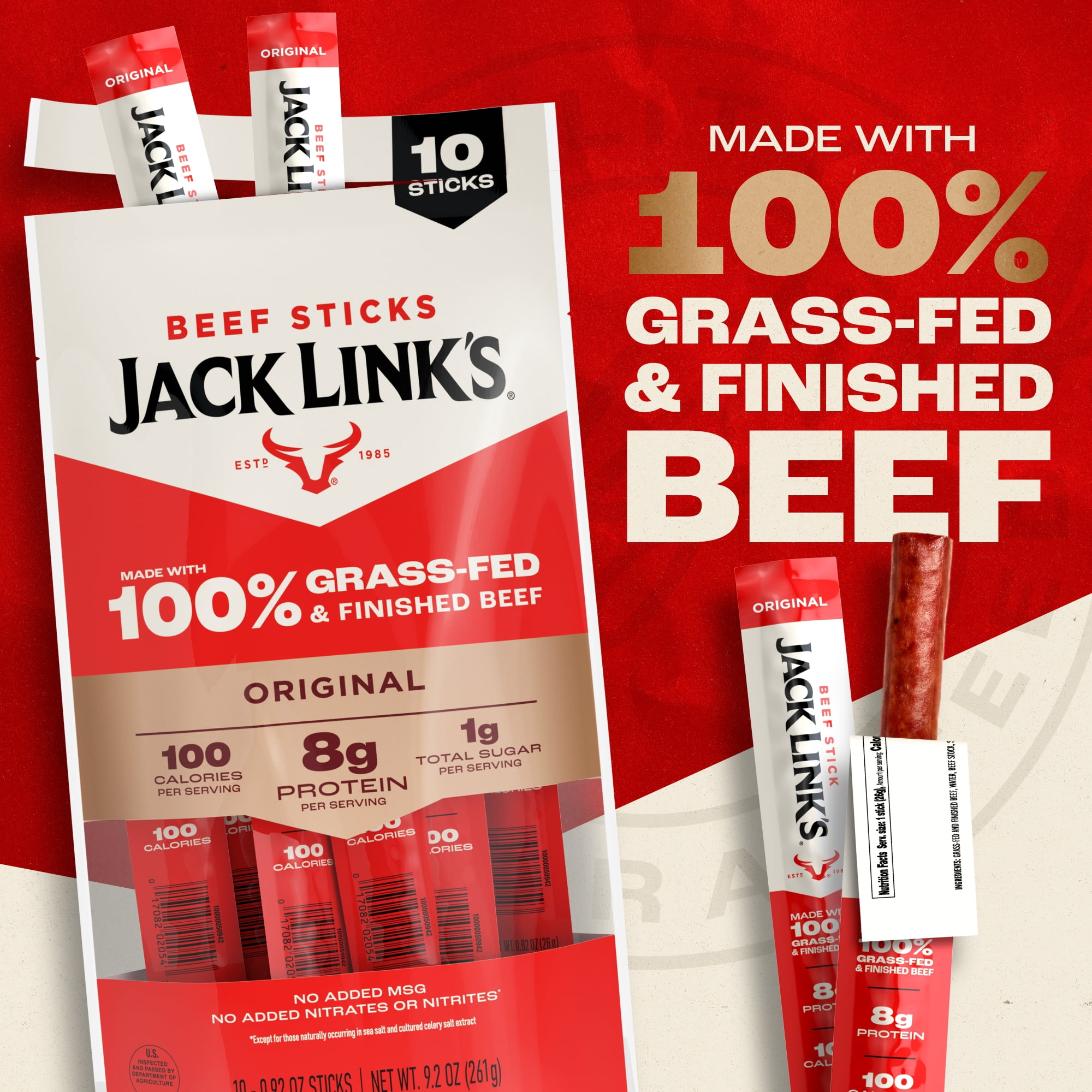 Jack Link’s Grass-Fed & Finished Original Beef Sticks, 9.2 Ounce, 10 count bag