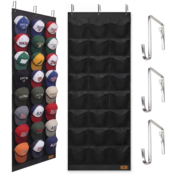 Hat Organizer for Baseball Caps, 24 Deep Pockets Hat Rack, Breathable & Visible, Black Hat Holder with 3 Hooks for Door, Bedroom, Closet Organizer