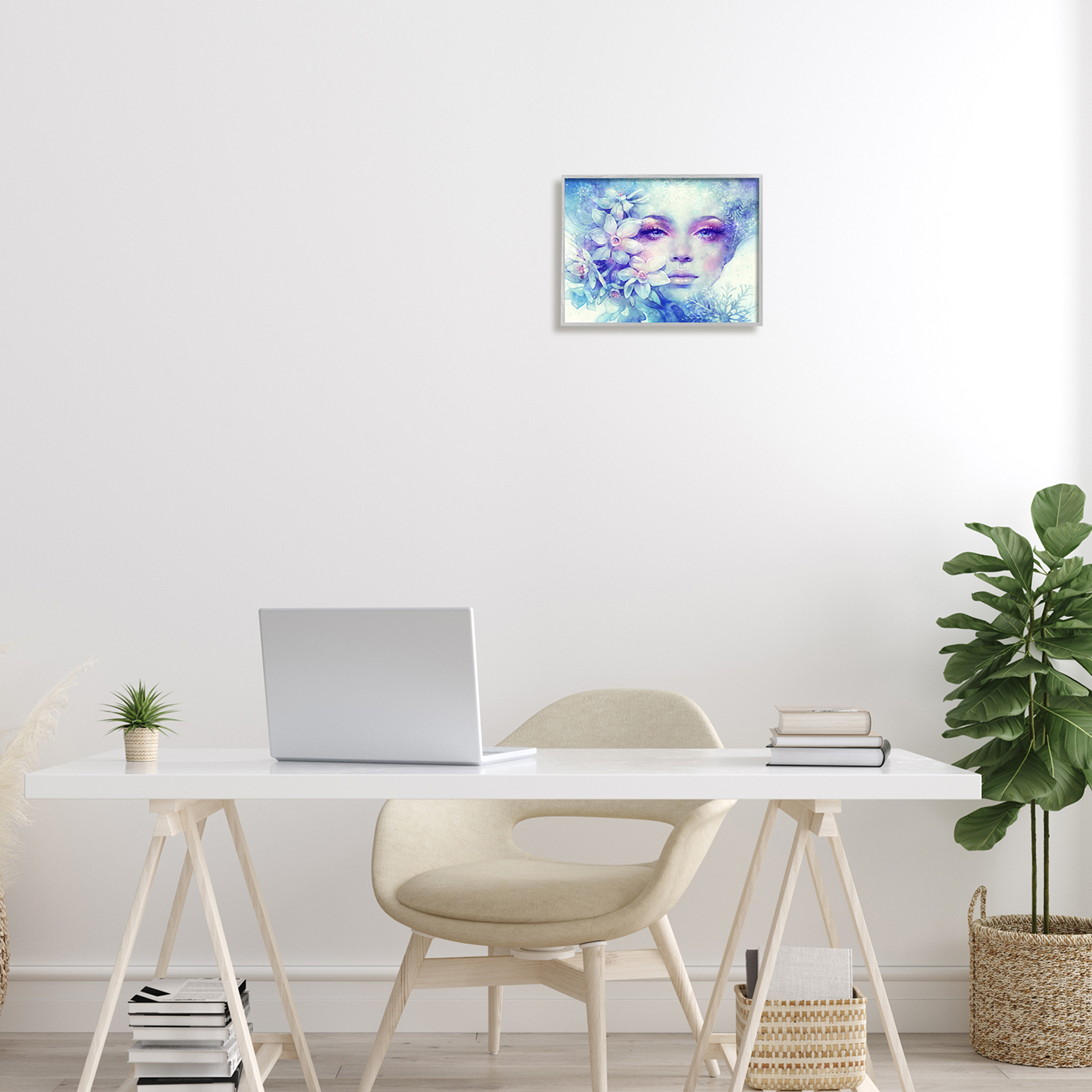 Detailed Woman Purple Makeup Floral Bouquet Snowflakes Botanical & Floral Painting Framed Art Print Wall Art