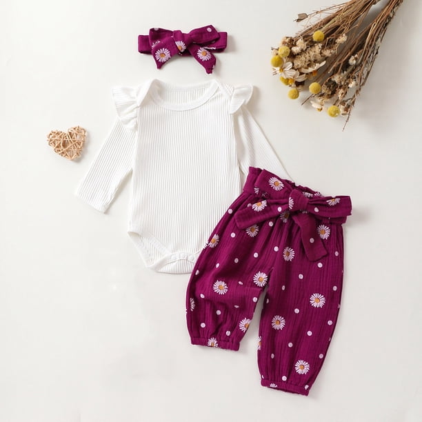 Conjuntos de blusas y camisas de cuello redondo y manga larga para niña, mono de cuello redondo y manga larga con vuelo de color liso con cintura elástica, pantalones estampados y diadema, conjunto de