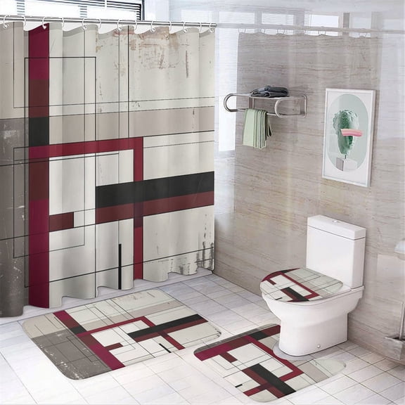 4 Pcs Shower Curtain Sets Squares And Rectangles Art Red And Grey Rug Toilet Lid Cover And Non-Slip U Shape Mat Modern Art Design Bathroom Accessories Set Decor with 12 Hooks