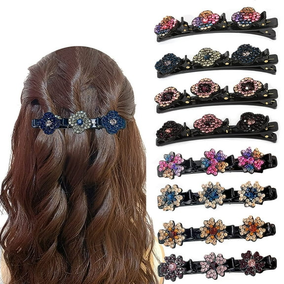 8PCS Sparkling Crystal Stone Braided Hair Clips, Braided Hair Clips with 3 Small Clips Hairpin Duckbill Clip,, Braided Hair Clip with Rhinestones for Women/Girls