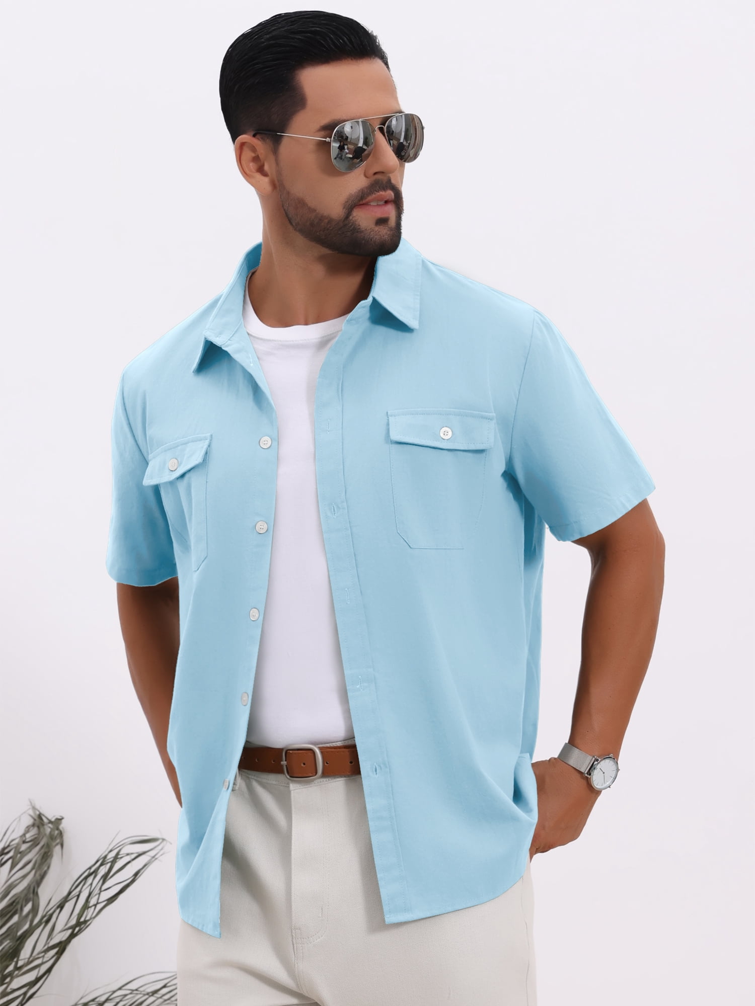 DARING DIVA Men's Linen Chest Pockets Short Sleeves Button Down  Shirt L Sky Blue