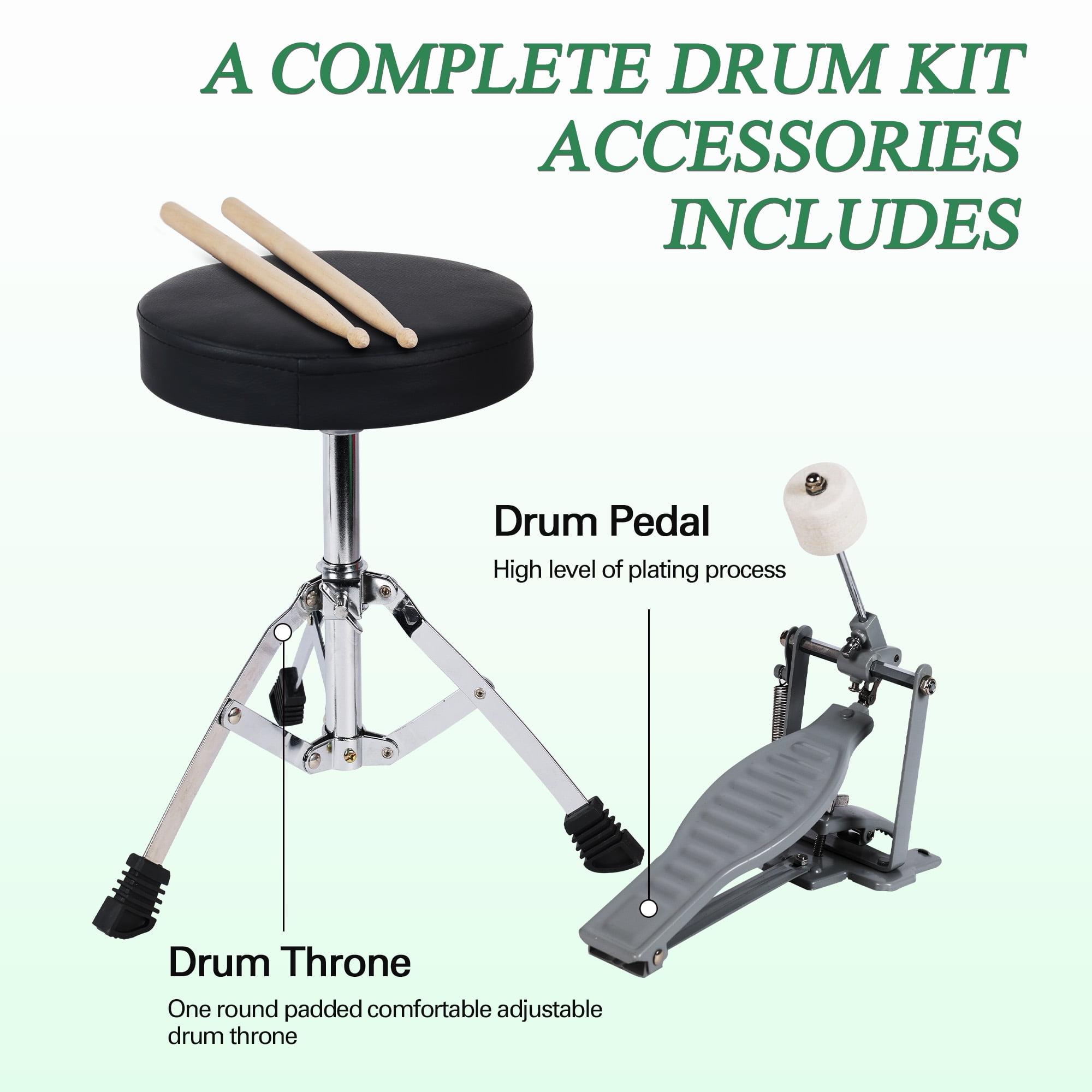 ADM 3-Piece Junior Drum Set for Kids Beginners, Kids Drum Kit with Full set of silent mats, Adjustable Throne, Cymbal, Pedal & Drumsticks - Red, Yellow, Green