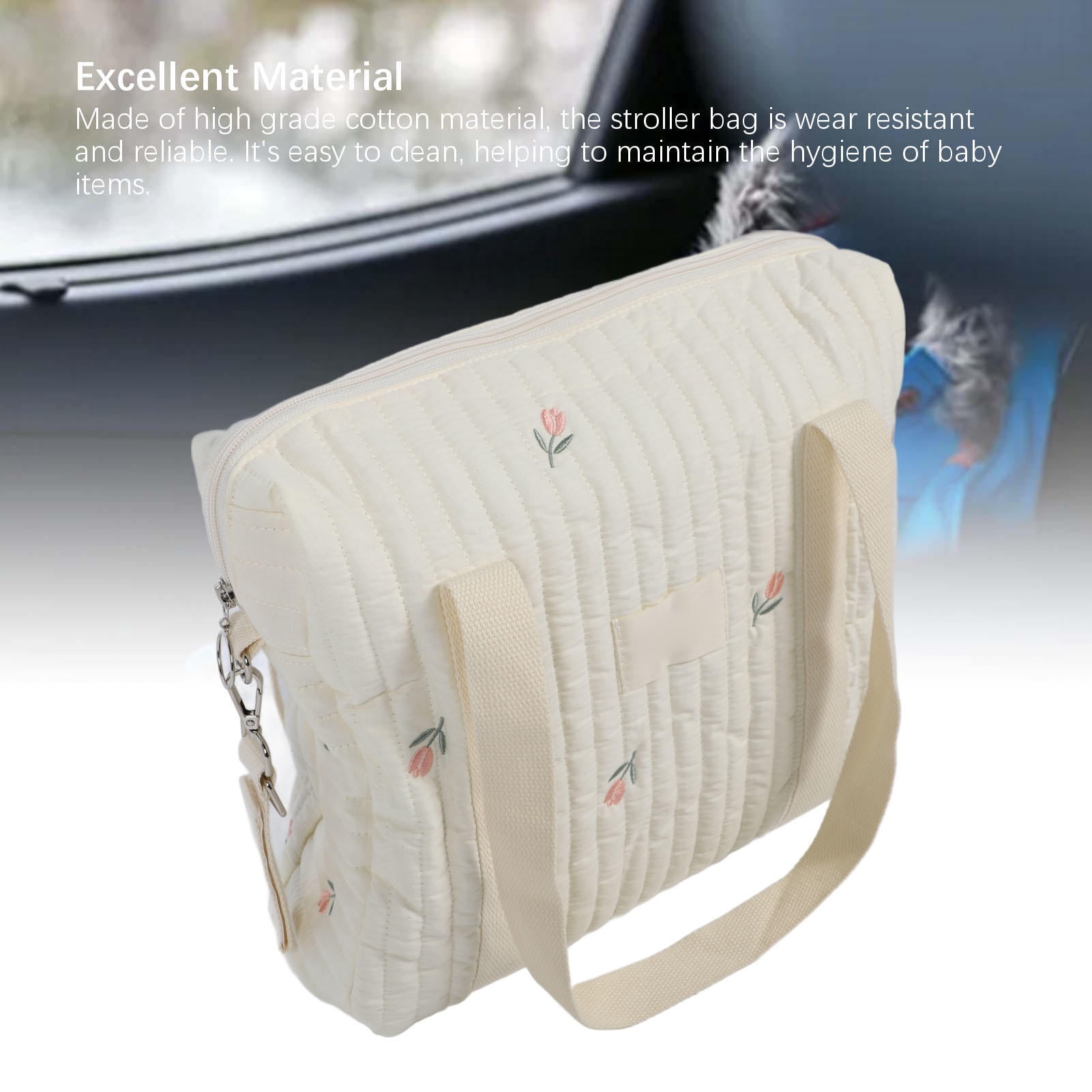 LAZIOEGR Large Capacity Cotton Stroller Hanging Organizer – Stylish Beige Flower Bag for Baby Essentials, Diapers, Bottles, and More