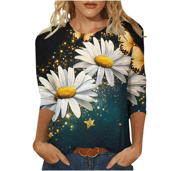 Classic Fit Womens Tops 3/4 Sleeve Shirts Vintage Floral Tshirts Round Neck Basic Tee Casual Blouse