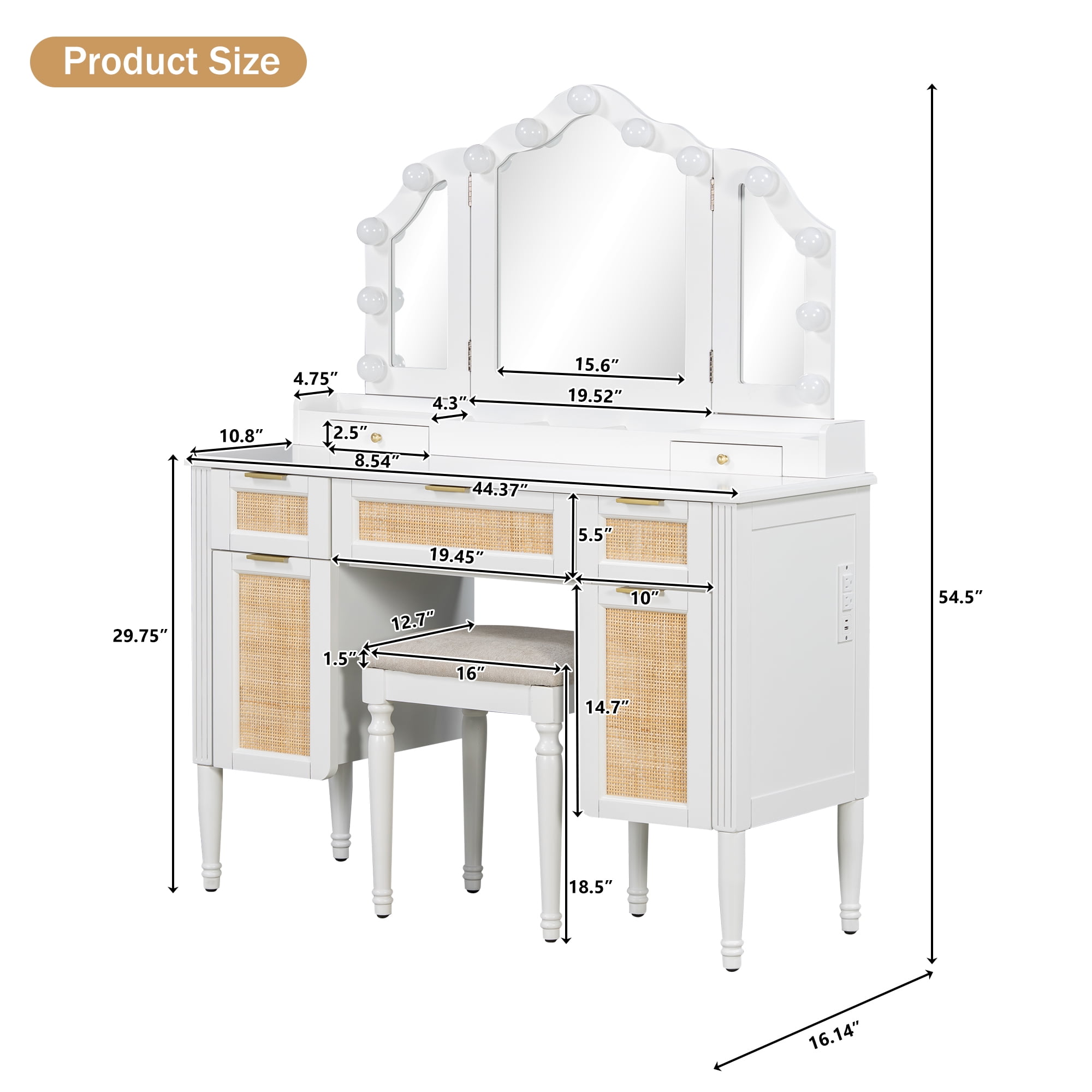 Mintazer 44" Makeup Vanity Set with Tri-Fold LED Mirror & Charging Station, Dressing Table with 5 Drawers & 2 Cabinets and Stool, Makeup Vanity Desk with Hollywood Bulbs for Bedroom, White