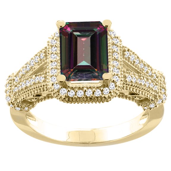 14K Yellow Gold Natural Mystic Topaz Ring Octagon 8x6mm Diamond Accent, size 8