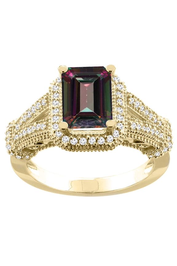 14K Yellow Gold Natural Mystic Topaz Ring Octagon 8x6mm Diamond Accent, size 7