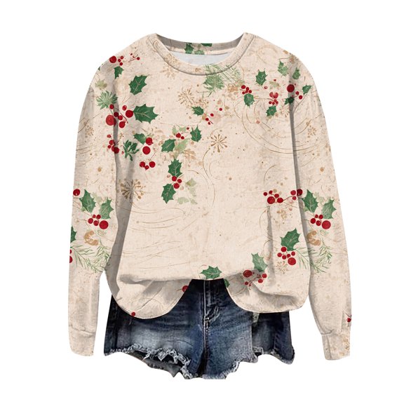 COMVALUE Vintage Christmas Shirts For Women Christmas Lightweight Sweatshirts Tops Xmas Graphic Long Sleeve Shirts Tops (White,L)