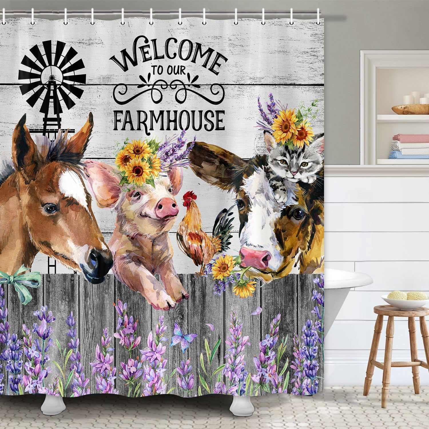 Funny Farm Western Wildlife Animals Shower Curtain, Farmhouse Cute Cow Cat Chicken Pig Horse Bathroom Curtain Set, Country Wooden Bath Curtain Fabric Rustic Flower, 72X72in