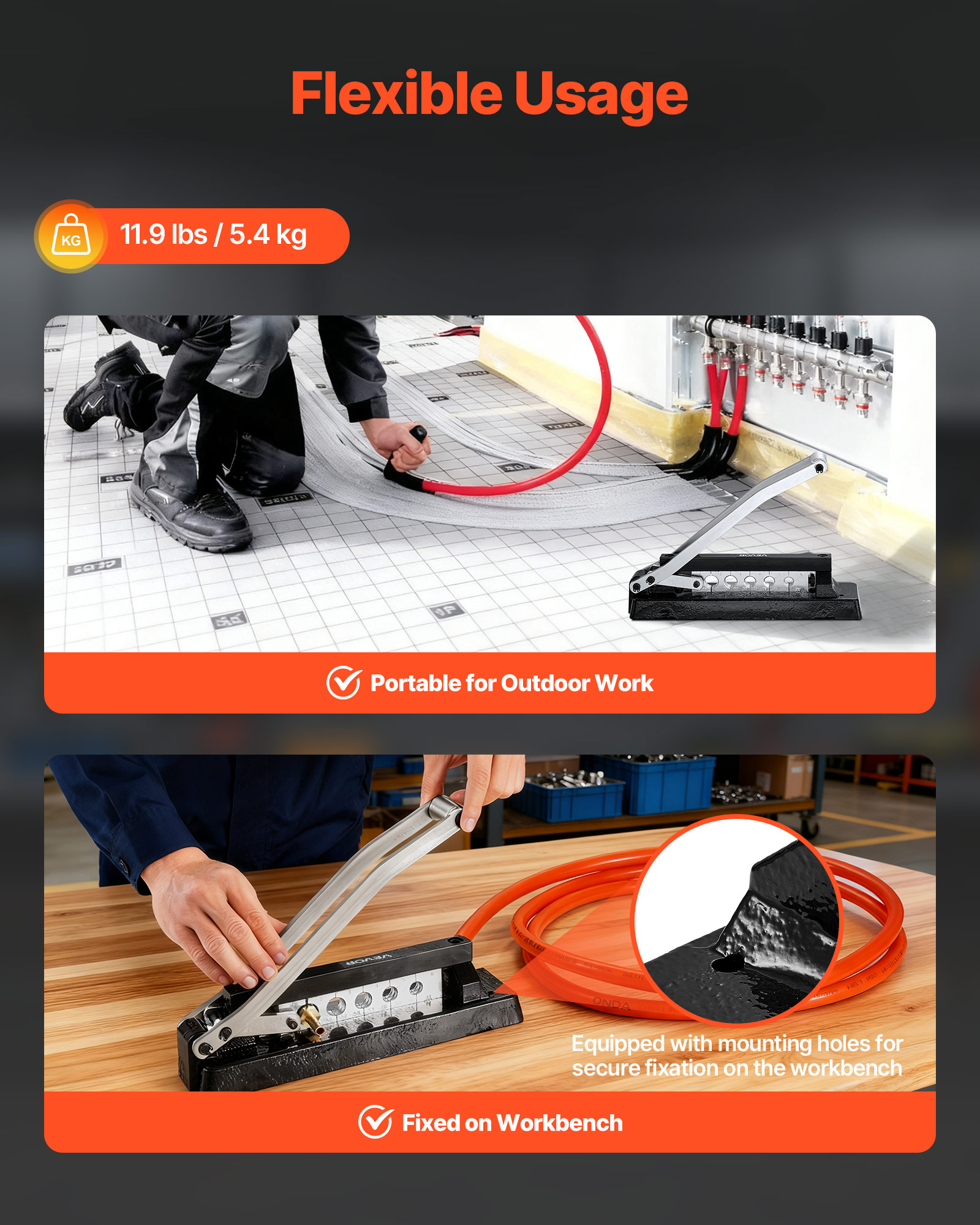 VEVOR Heavy Duty Ferrule Hose Crimper, Standard Bench Hose Crimping Tool with 100pcs Ferrules (0.593" & 0.625" ID), 0.44"-0.63" Crimping Range for PVC, Rubber & Air Hoses, Torch Hoses Repair Kit