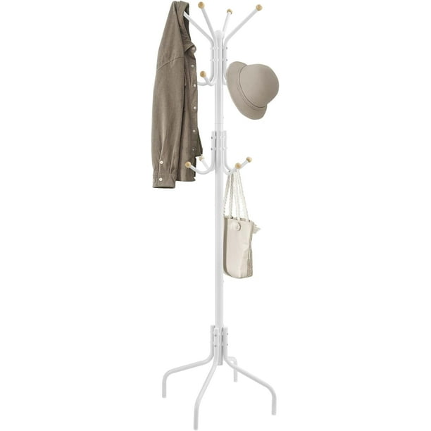 SONGMICS Perchero de Metal, Perchero de Pie, con 12 Ganchos y 4 Patas, Colgar Ropa, Sombrero y Bolso, Entrada, Salón, Dormitorio, Blanco