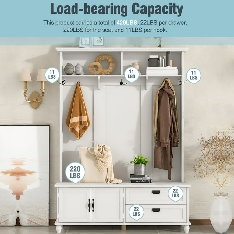 Royard Oaktree Multifunctional Entryway Hall Tree with Shoe Storage Coat Rack and Large Drawers White Walmart