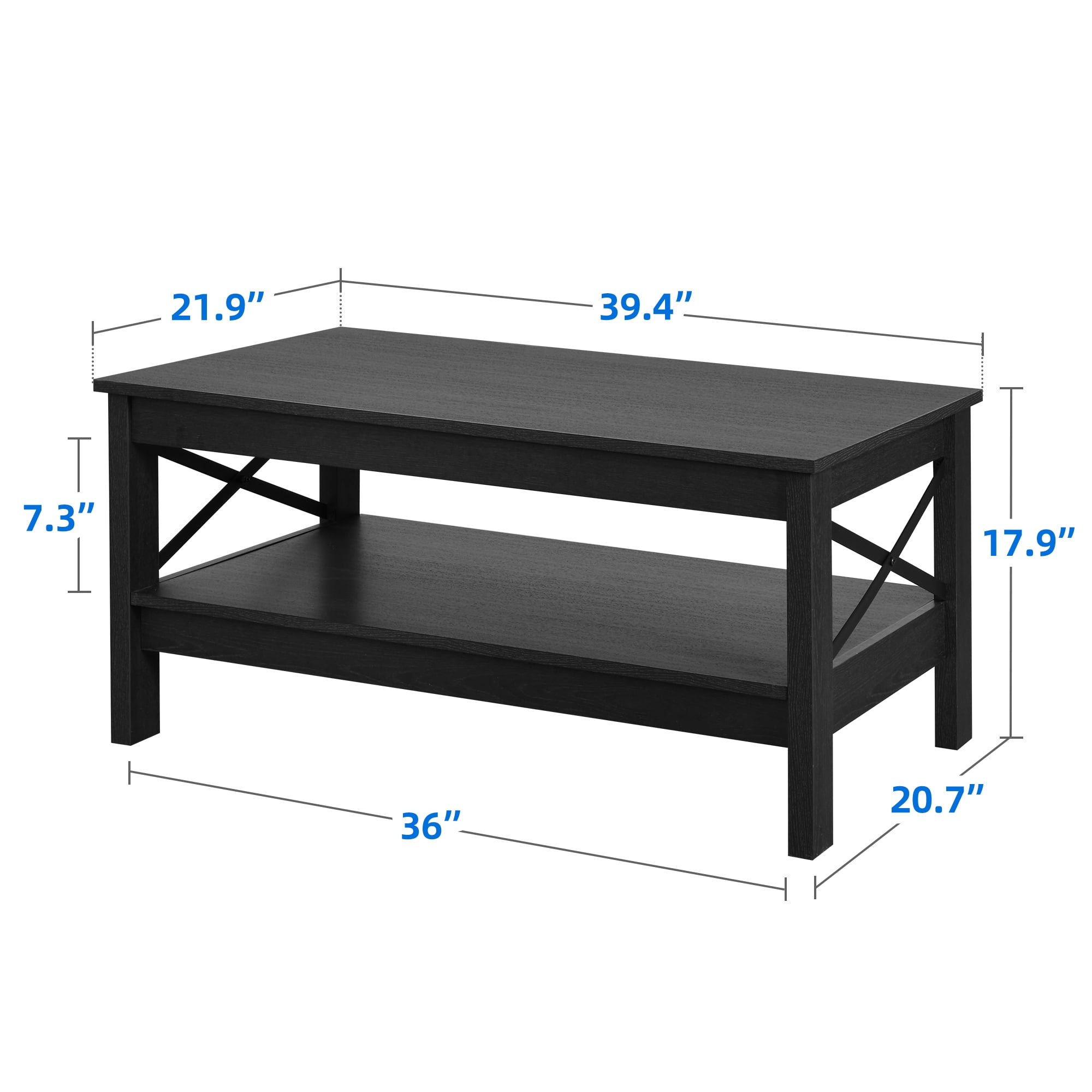 Dextrus Farmhouse Coffee Table with Open Storage Shelf, 2-Tier Thicken Wood Accent Cocktail Center Ends Table for Living Room Home Office, Black