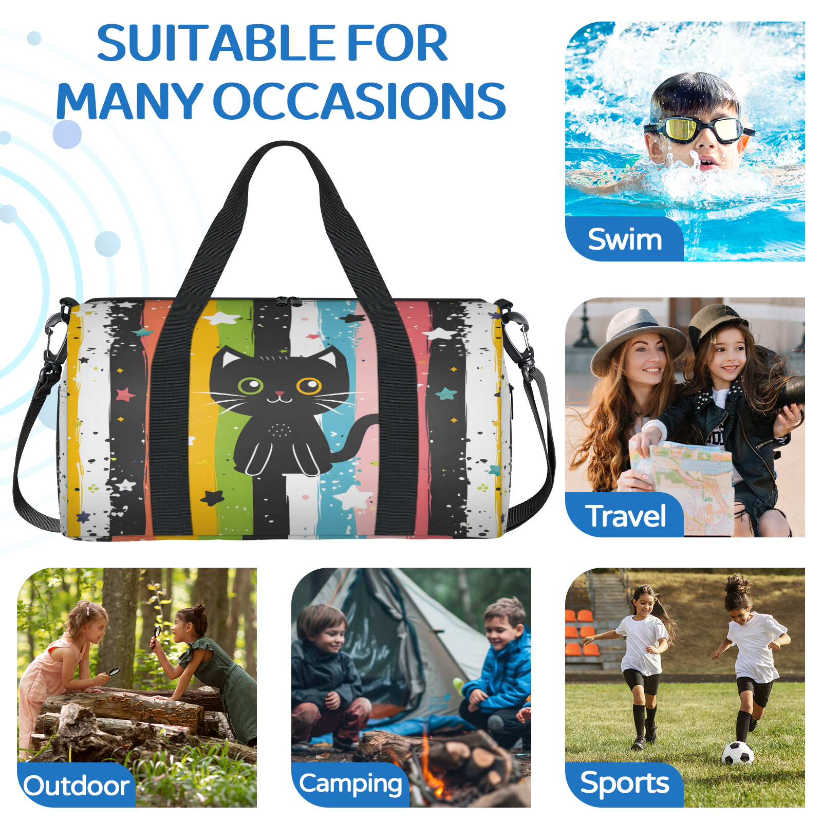 Herdesigns Black Cat Travel Duffle Bag Sports Yoga Weekender Overnight Carry on Workout Bags Lightweight Waterproof Gym Tote Bag for Women