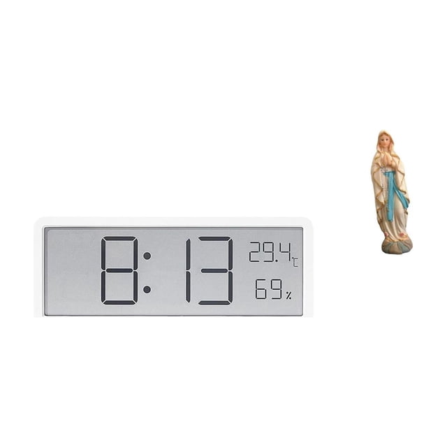 Reloj de pared digital multiusos con pantalla de temperatura y humedad, figura decorativa de María para oficina y dormitorio.