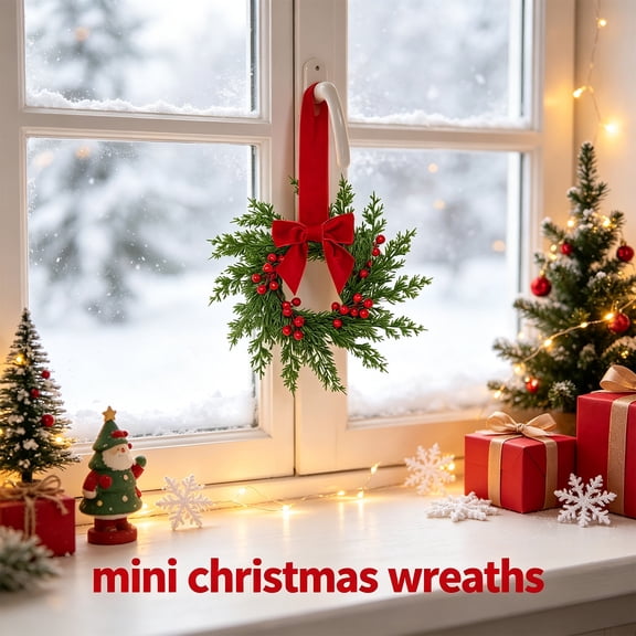 1 Pcs Mini Christmas Wreaths for Kitchen Cabinet | 10 Inch Small Wreath, Candle Ring Design, Red Ribbon Simple Style, ideal for Windows, Weddings Table Centerpieces