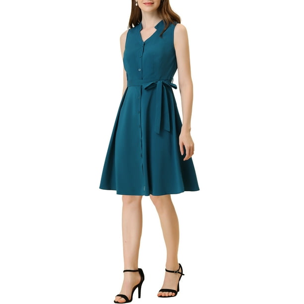 INSPIRE CHIC Women's Sleeveless V Neck Summer Midi Button Front Dress Lake Blue M