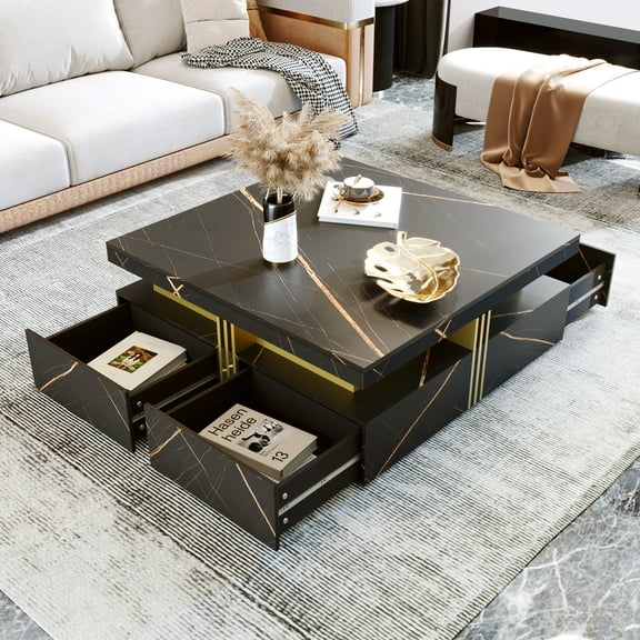 Euroco Modern Black Square Storage Coffee Table With 4 Drawers