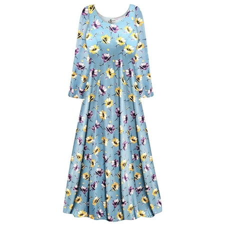 Small Petite Womens Dress Morning Sky Blue Essence Floral Print Long Sleeve Princess Cut