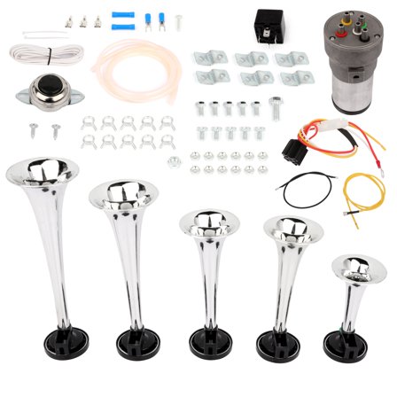 SCITOO Air Horn Kit 5 Trumpet Air Horn with Compressor Silver Air Horn12V 105db, Dixie Musical Air Horn chrome zinc(silverï¼‰pumpï¼ˆsilver) Easy to Install, Electric Trains Horns for Any 12V Vehicles
