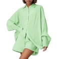 thumbnail image 1 of Conjunto de camisa y pantalones cortos de mezcla de lino liso para mujer: conjunto informal de dos piezas, tejido transpirable, tallas S-XXL, contorno de pecho 112-132 cm., 1 of 7