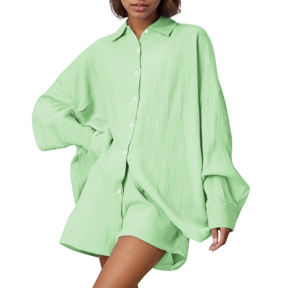 QHFBli 2 Piece Linen Set for Women Summer Beach Outfits Long Sleeve Button Down Shirts and Shorts Casual Loungewear Set