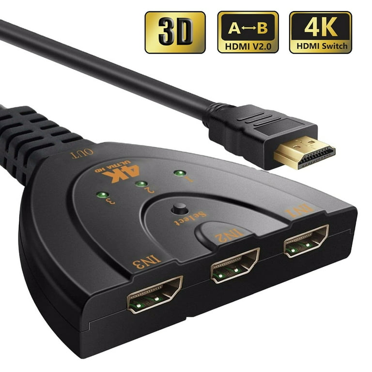 4K HDMI Switch,3 Port HDMI Switch, HDMI Switcher Splitter 3 in 1 Out, HDMI  Hub for TV DVD Fire Stick Chromecast Roku Laptop Playstation Xbox, Supports