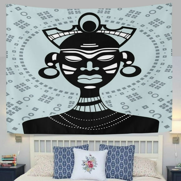 EREHome African Tribal Art Ethnic Native Mask Ornament Women Blue Fabric Tapestry Throw Dorm bedroom Art Home Decor Tapestry Wall Hanging 90x60 inches