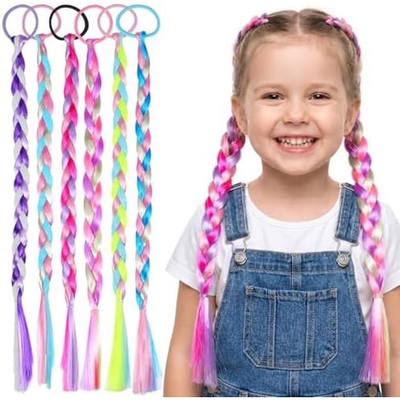 6-Pack Colorful Braided Hair Extensions, Synthetic Fiber Braids, Elastic Tie- Ponytail Accessories, Rainbow , Quick Easy Hairpieces for Parties Daily Wear Gifts