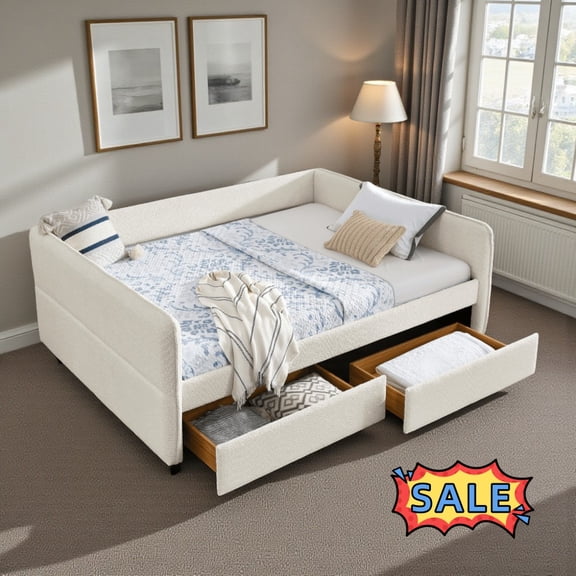 Tcbosik Upholstered Daybed with 2 Drawers, Queen Size Boucle Fabric Sofa Bed for Small Space, Easy Assembly, Beige