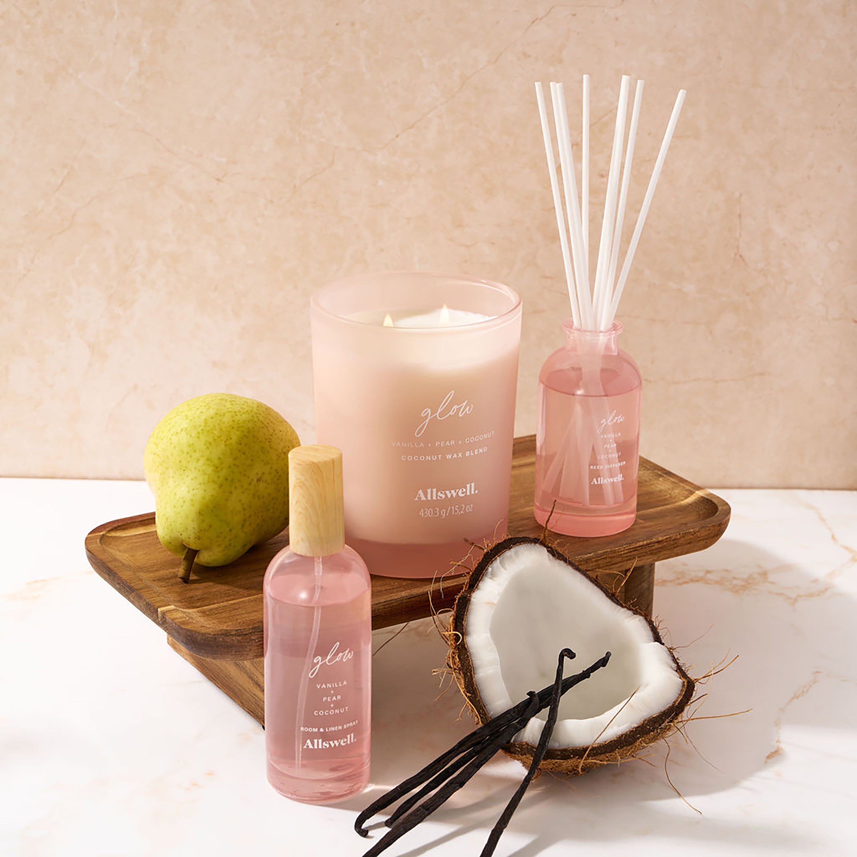 (4 pack) Allswell Glow (Vanilla + Pear + Coconut) Scented 2-Wick Spa Jar Candle 15oz.