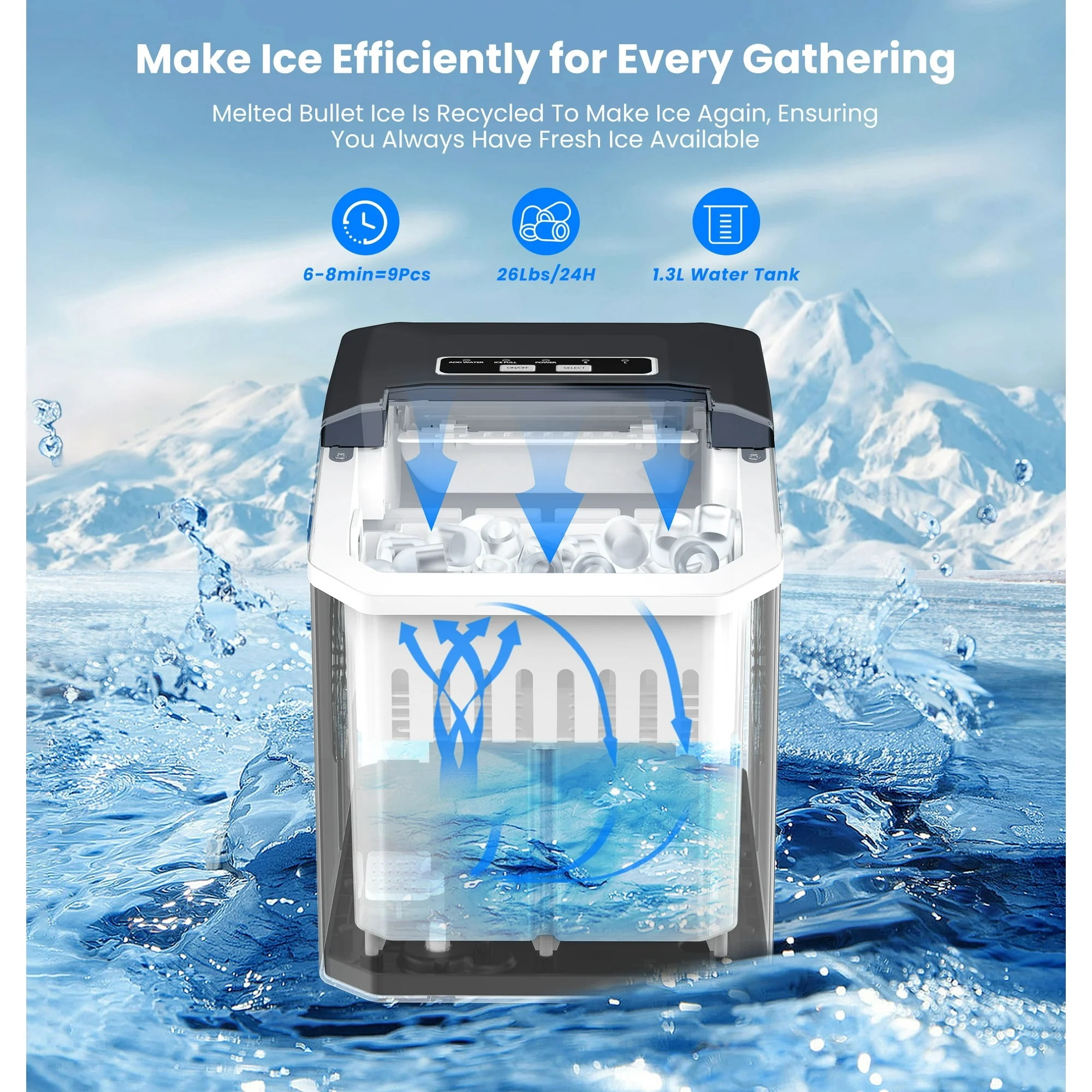 TOYTEXX Portable Countertop Ice Maker, 26 lbs/24h, 2 Ice Sizes, Self-Cleaning with Scoop, Silver – for Home, Kitchen, Parties