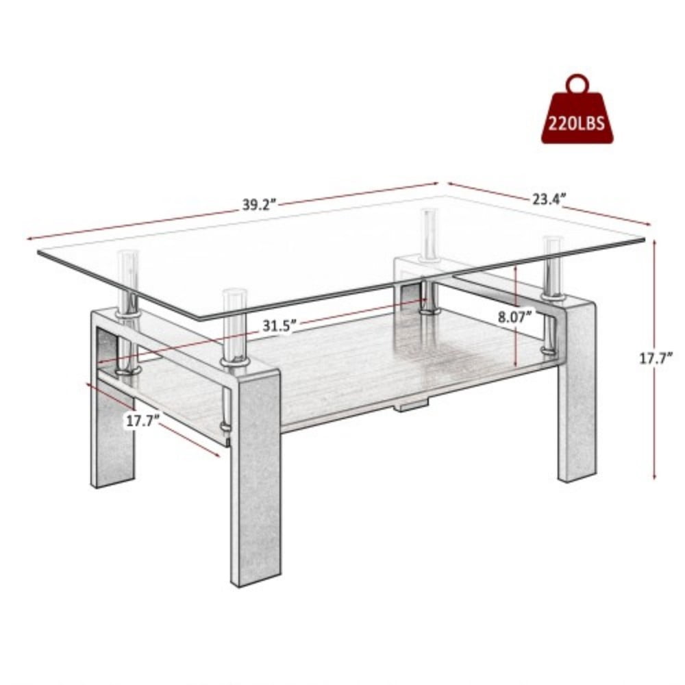 Rectangle Coffee Table, 39.2" Tempered Glass Tabletop with Walnut MDF Storage Shelf and Iron Legs, Modern Clear Glass Center Table for Living Room, 220 lbs