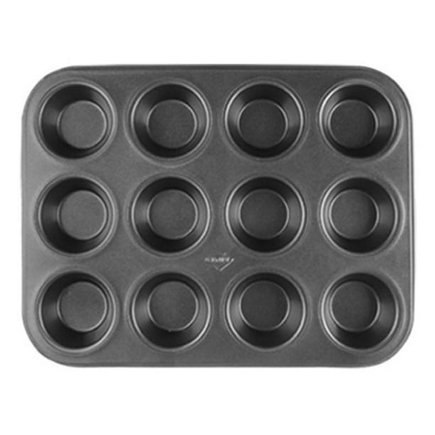 Molde para 12 magdalenas de acero al carbono con transferencia de calor rápida, resistente a la corrosión, molde para hornear magdalenas, color negro