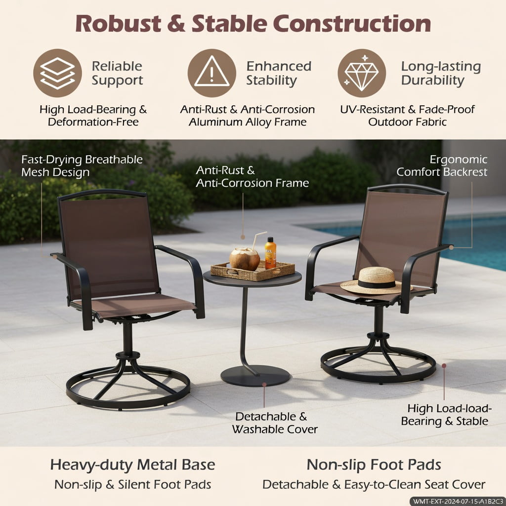Hommoo 2-Piece Outdoor Swivel Chairs Set, High-Back Metal Patio Chairs with Breathable Mesh Seat, 360° Rotation & Gentle Rocking, Brown