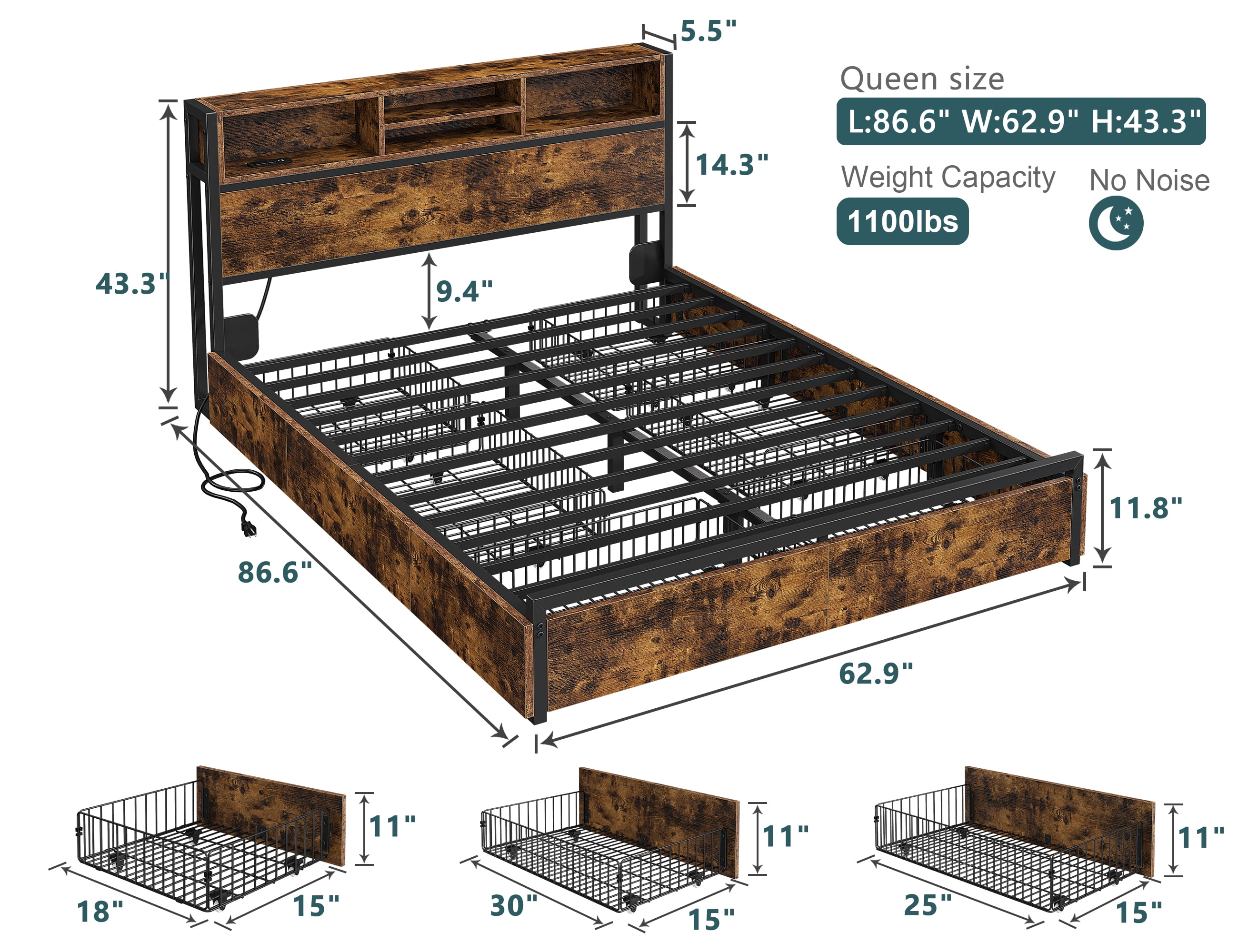 EnHomee Queen Bed Frame with 6 Storage Drawers Queen Bed Frame with Headboard & Charging Station No Noise,Vintage Brown