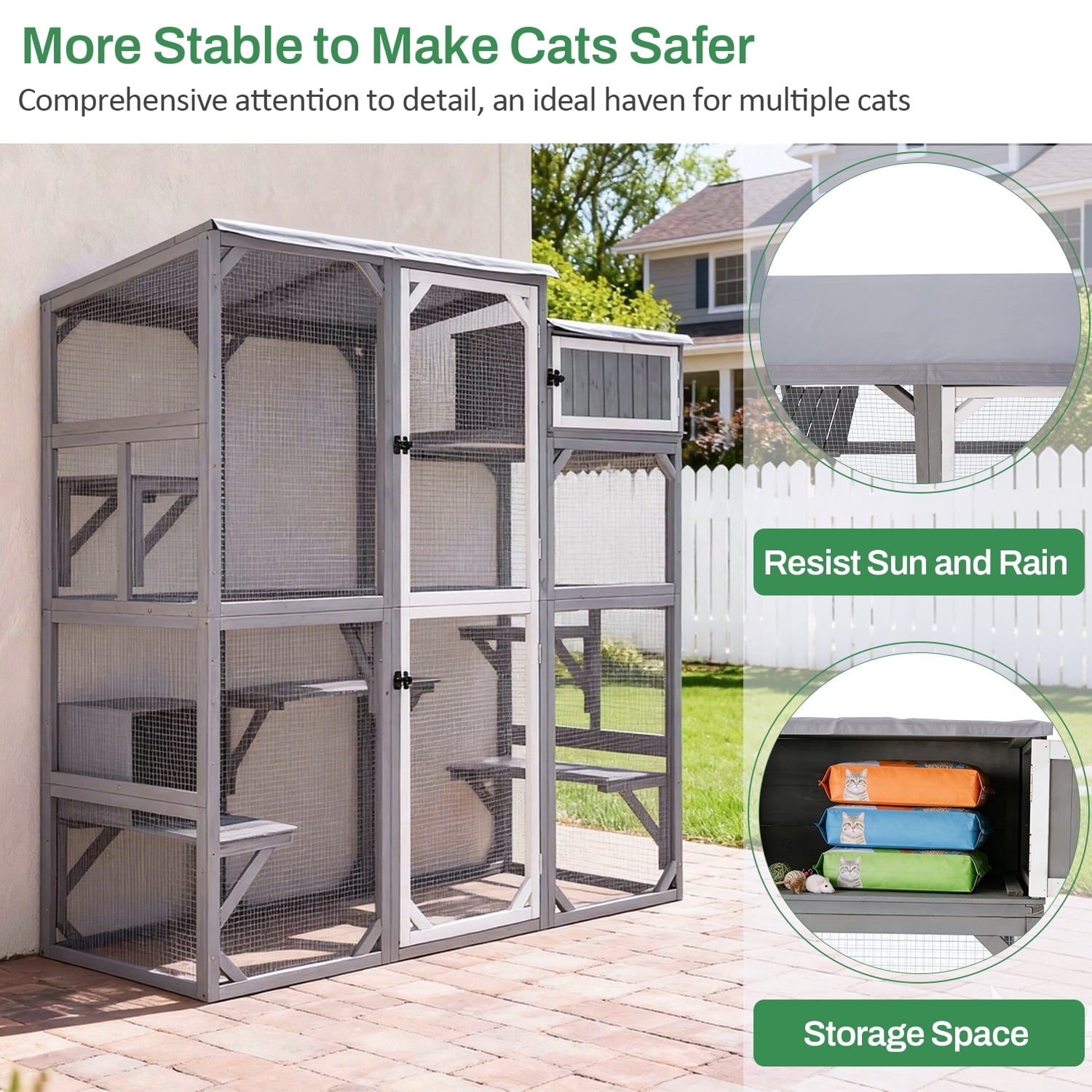 Wooden Outdoor Catio Enclosure for Pets with Scratching Post, Multi-Level Perches & Hideaways, Weatherproof Indoor/Outdoor Cat House with Roof, 5 Platforms & Resting Den, UV-Resistant