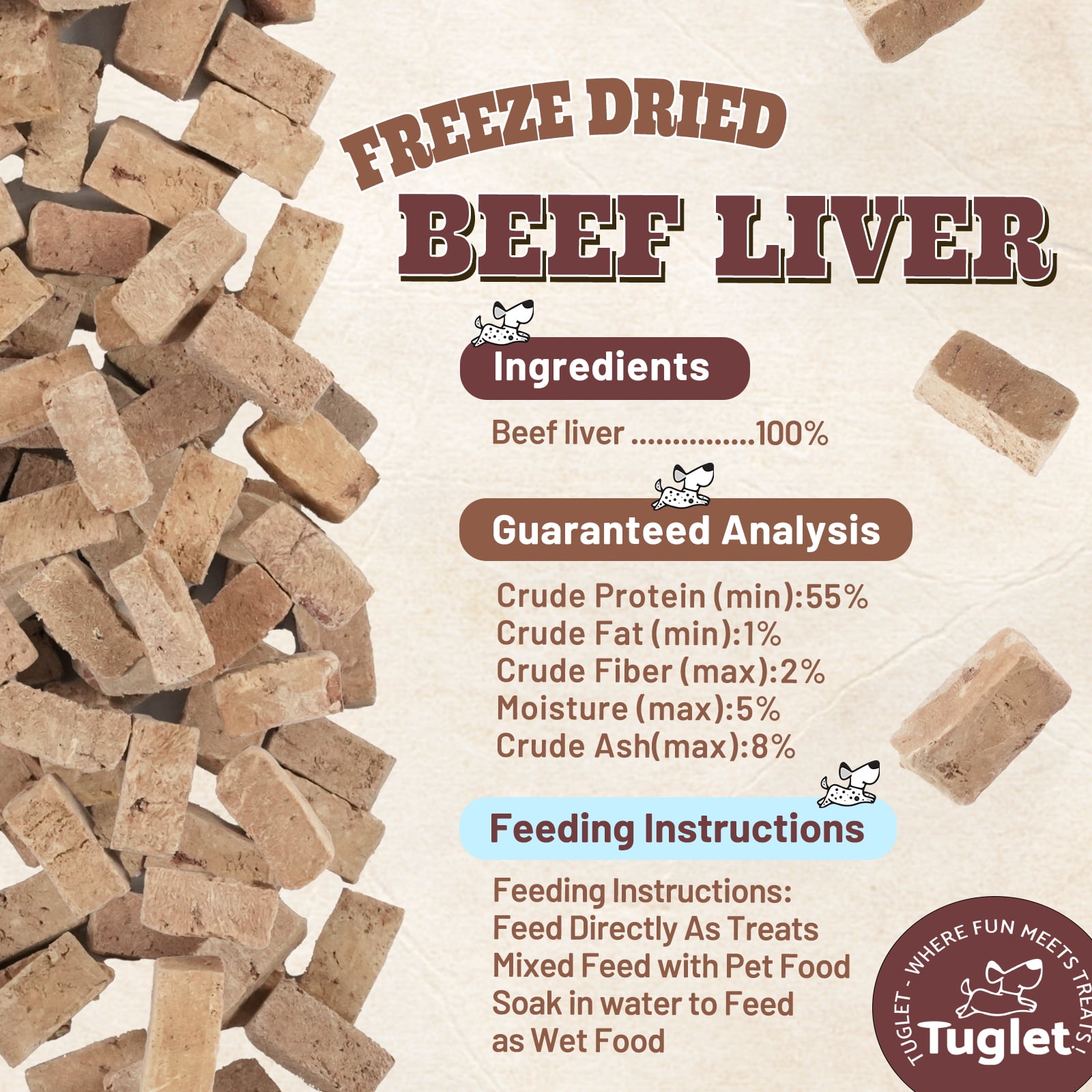 (3 pack) TUGLET Freeze-Dried Beef Liver Dog Treats, High Protein Single Ingredient, Healthy Training Reward & Food Topper, 4.6 oz