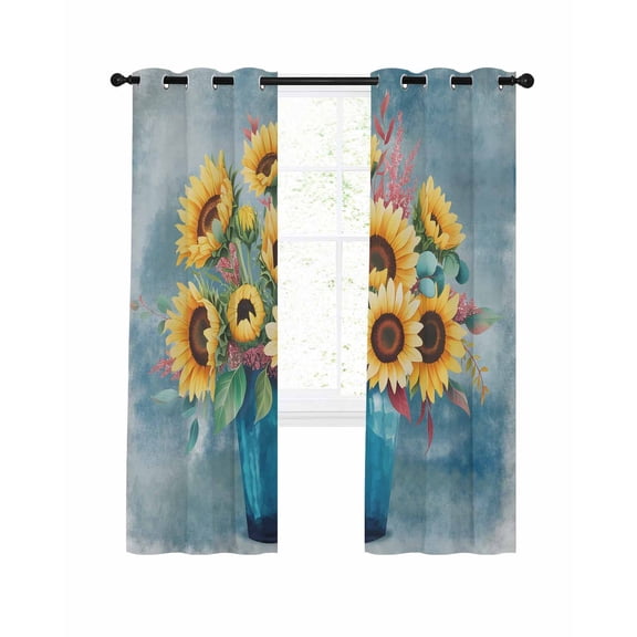Yellow Sunflowers Blackout Curtains, Light Blocking Print Window Curtains, Spring Botanical Floral Vases Painting Thermal Insulated Window Drapes for Living Room 2 Panels, 104"W x 52"L