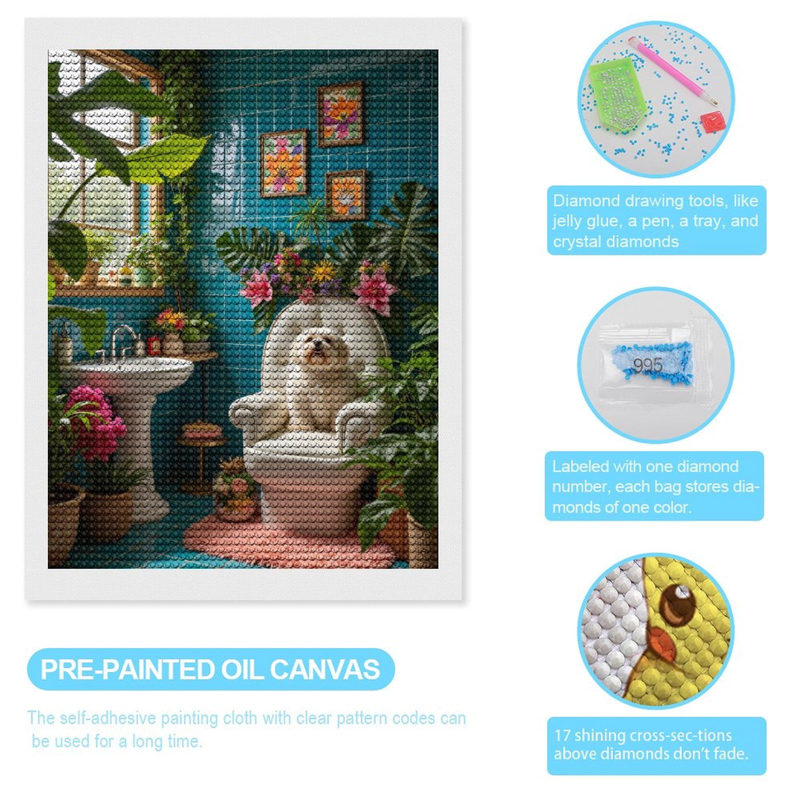 Diamond Art Kits for Adults, Dog In Floral Bathroom Decor 5D Diamond Painting Kits for Adults Beginners, DIY Full Drill Diamond Painting, Gem Art and Crafts 12x16