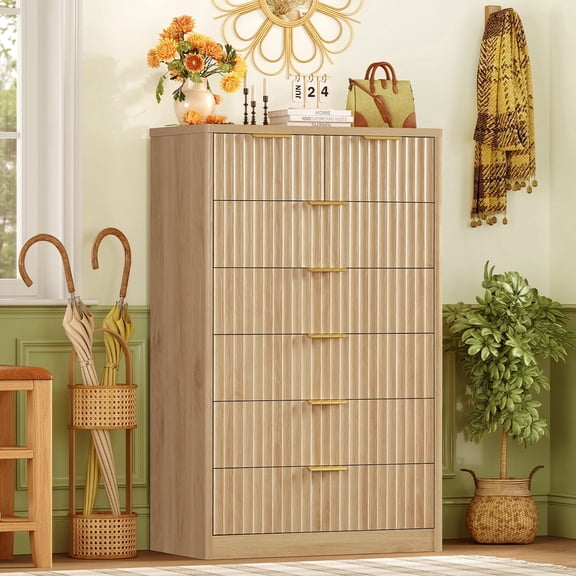 48.03''H Fluted 7 Drawer Dresser For Bedroom, Modern Chest Of Drawers, Wood Closet Clothes Organizer For Bedroom, Hallway, Natural