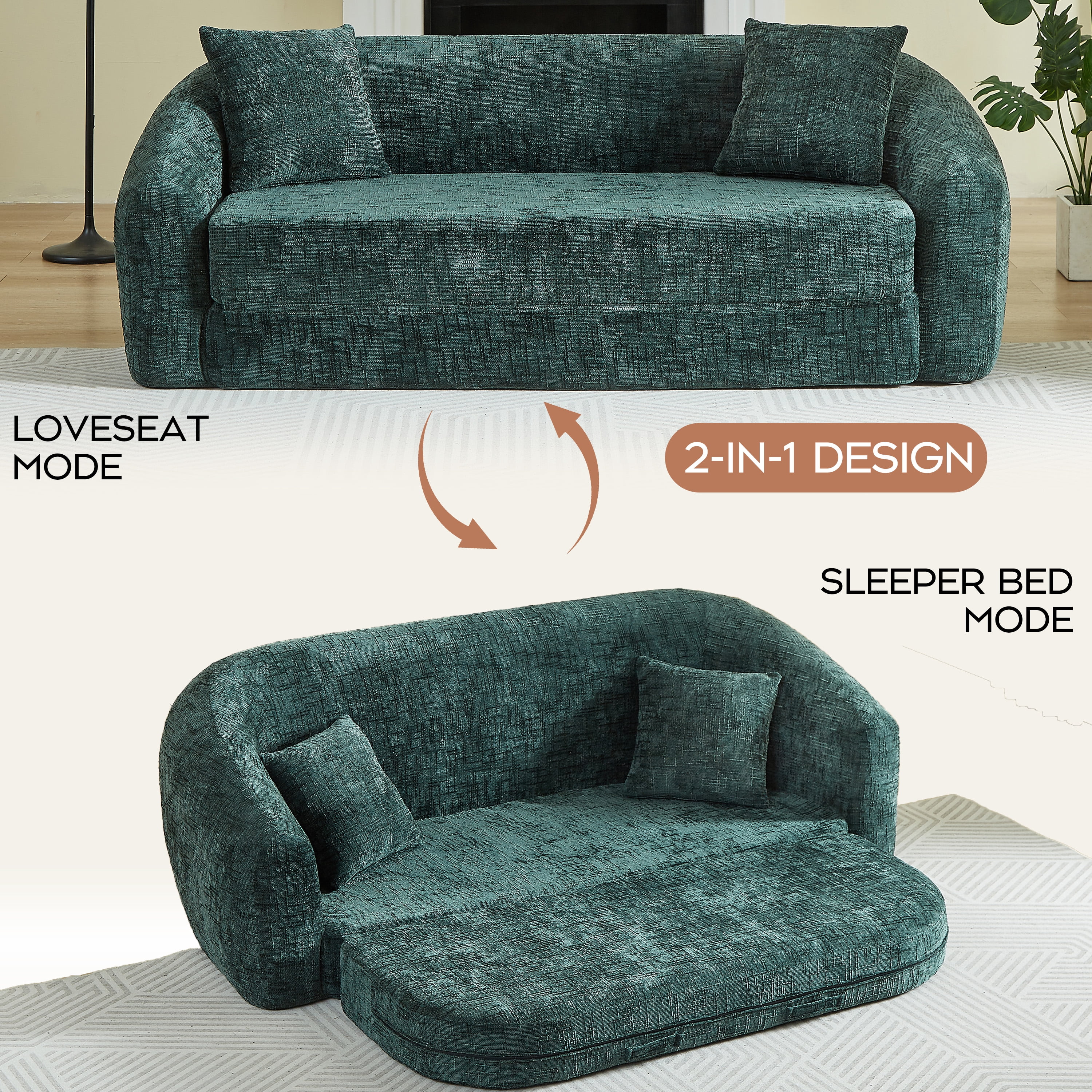 Leumius 87" Convertible Futon Sofa Bed, Corduroy Curved Boneless Couch with High Backrest, 2-in-1 Fold-Out Sleeper Sofa with Pull-out Couch Bed,Green-Square Pillow